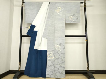 平和屋着物●小千谷紬　訪問着　童子　風神雷神　正絹　逸品　AABF9038ck