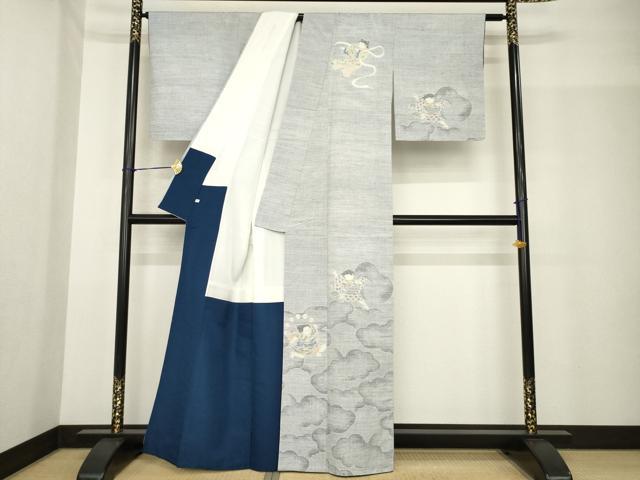 平和屋着物●小千谷紬　訪問着　童子　風神雷神　正絹　逸品　AABF9038ck
