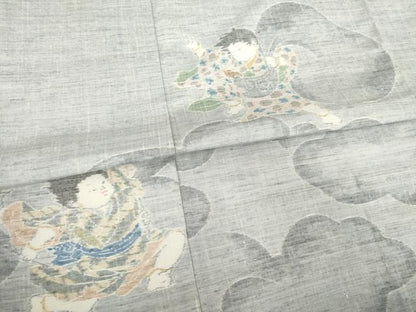 平和屋着物●小千谷紬　訪問着　童子　風神雷神　正絹　逸品　AABF9038ck