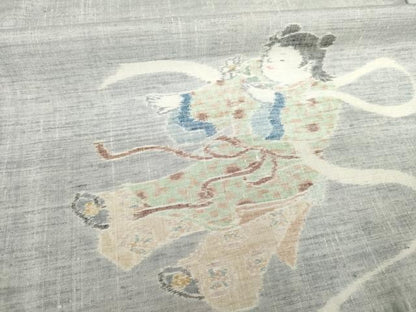 平和屋着物●小千谷紬　訪問着　童子　風神雷神　正絹　逸品　AABF9038ck