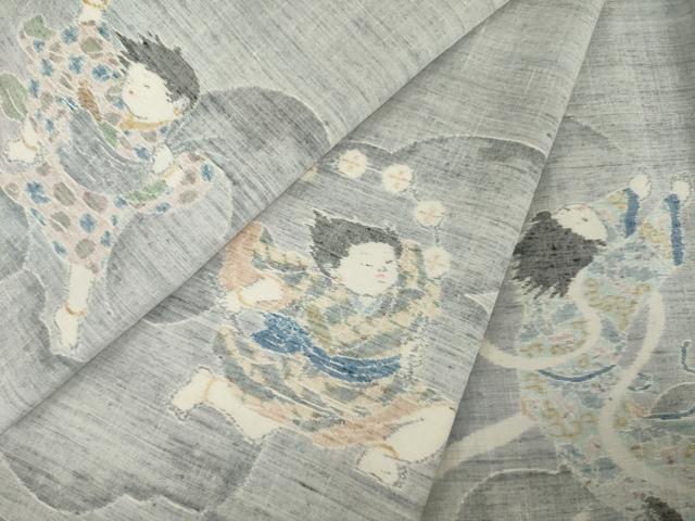 平和屋着物●小千谷紬　訪問着　童子　風神雷神　正絹　逸品　AABF9038ck