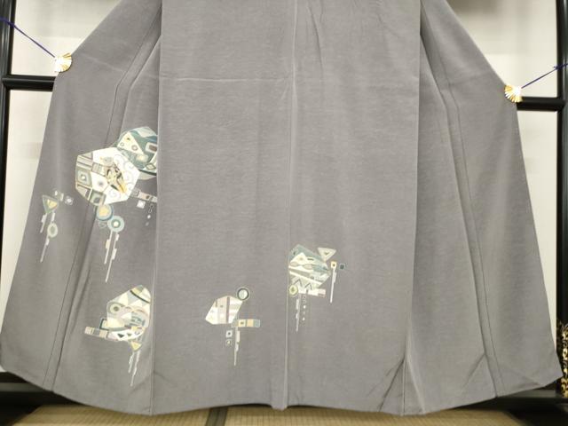 平和屋着物●訪問着　駒刺繍　幾何学文様　鳥　魚　金彩　正絹　逸品　AABF9040ck
