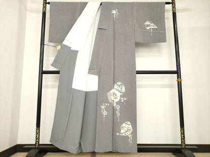 平和屋着物●訪問着　駒刺繍　幾何学文様　鳥　魚　金彩　正絹　逸品　AABF9040ck