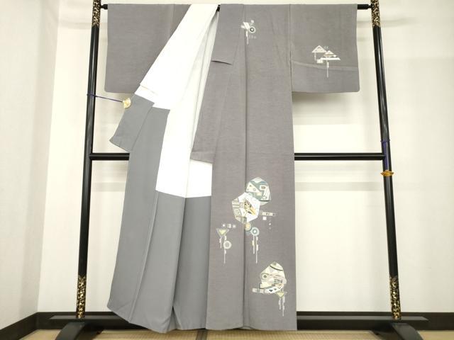 平和屋着物●訪問着　駒刺繍　幾何学文様　鳥　魚　金彩　正絹　逸品　AABF9040ck