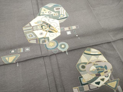 平和屋着物●訪問着　駒刺繍　幾何学文様　鳥　魚　金彩　正絹　逸品　AABF9040ck