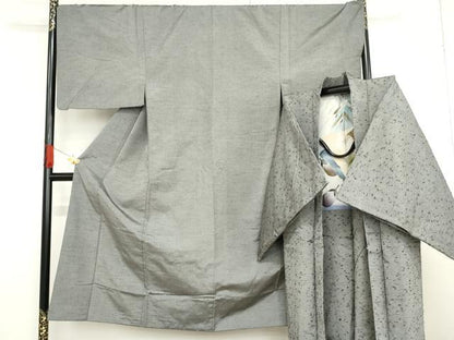 平和屋着物●男性　紬　アンサンブル　色無地　鼠色　羽裏：鷹　正絹　逸品　AABF9043cs