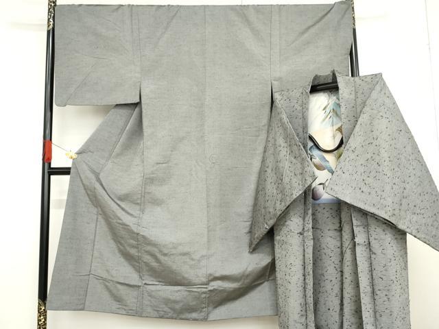平和屋着物●男性　紬　アンサンブル　色無地　鼠色　羽裏：鷹　正絹　逸品　AABF9043cs
