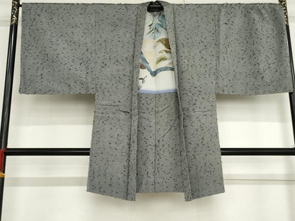 平和屋着物●男性　紬　アンサンブル　色無地　鼠色　羽裏：鷹　正絹　逸品　AABF9043cs