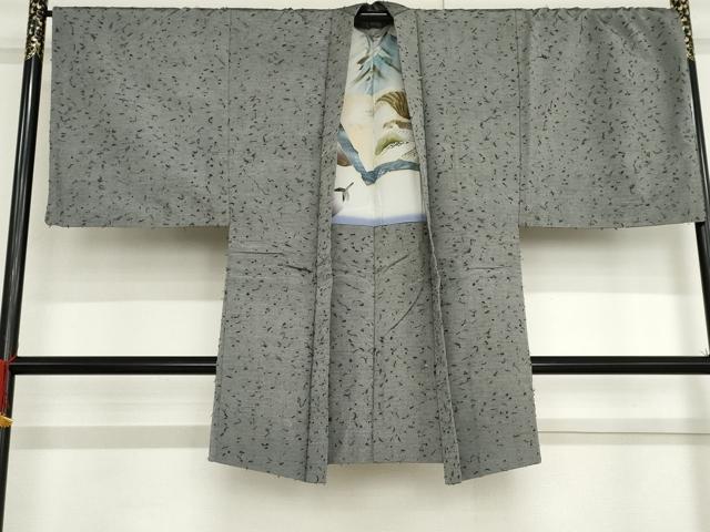平和屋着物●男性　紬　アンサンブル　色無地　鼠色　羽裏：鷹　正絹　逸品　AABF9043cs