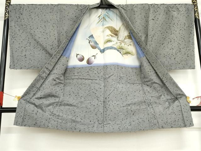 平和屋着物●男性　紬　アンサンブル　色無地　鼠色　羽裏：鷹　正絹　逸品　AABF9043cs