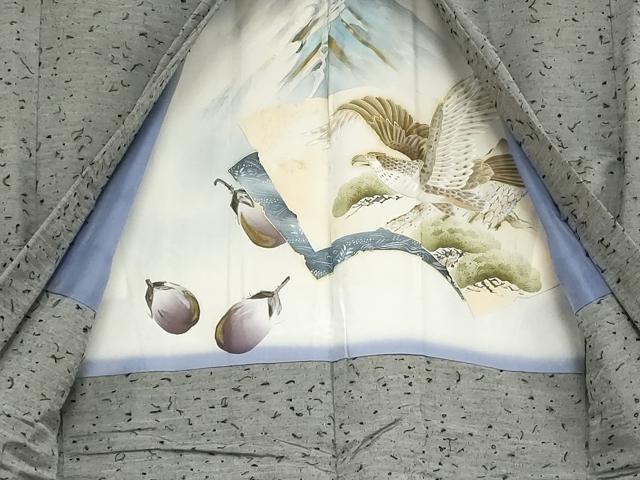 平和屋着物●男性　紬　アンサンブル　色無地　鼠色　羽裏：鷹　正絹　逸品　AABF9043cs