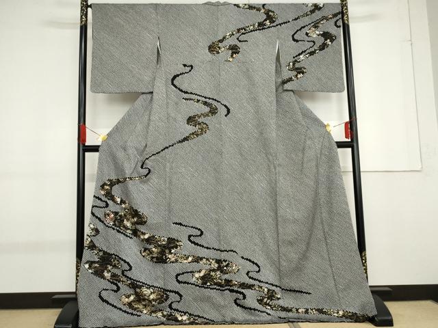 平和屋着物●訪問着　絞り　刺繍　流水草花文　黒地　金糸　金彩　正絹　逸品　未使用　AABF9047cs