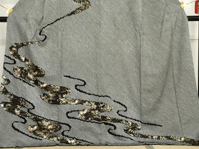平和屋着物●訪問着　絞り　刺繍　流水草花文　黒地　金糸　金彩　正絹　逸品　未使用　AABF9047cs