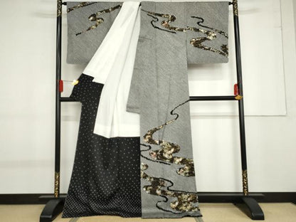 平和屋着物●訪問着　絞り　刺繍　流水草花文　黒地　金糸　金彩　正絹　逸品　未使用　AABF9047cs