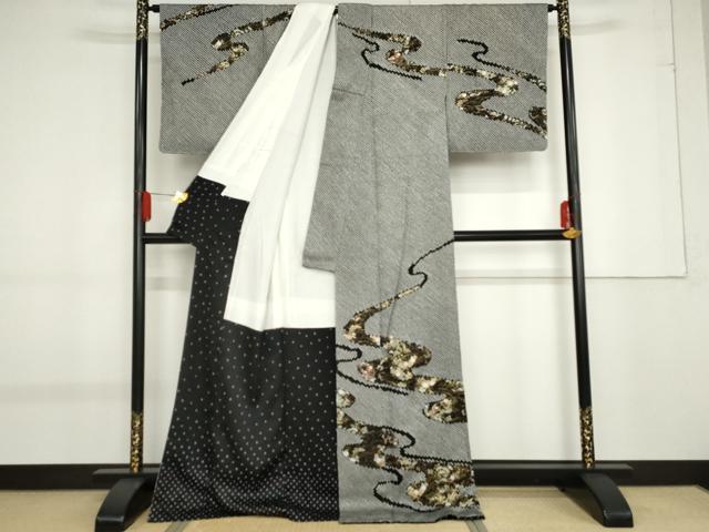 平和屋着物●訪問着　絞り　刺繍　流水草花文　黒地　金糸　金彩　正絹　逸品　未使用　AABF9047cs