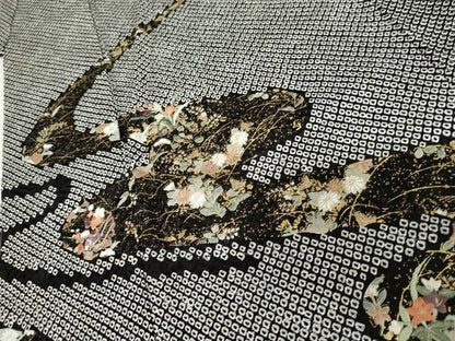 平和屋着物●訪問着　絞り　刺繍　流水草花文　黒地　金糸　金彩　正絹　逸品　未使用　AABF9047cs