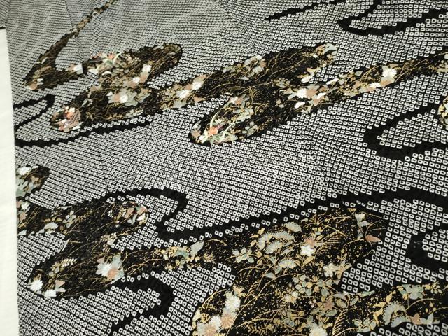 平和屋着物●訪問着　絞り　刺繍　流水草花文　黒地　金糸　金彩　正絹　逸品　未使用　AABF9047cs