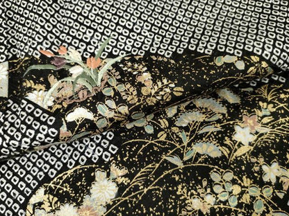 平和屋着物●訪問着　絞り　刺繍　流水草花文　黒地　金糸　金彩　正絹　逸品　未使用　AABF9047cs