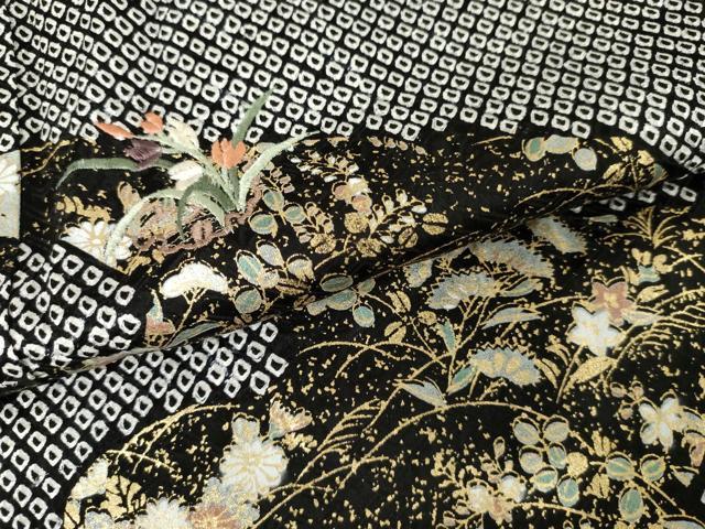 平和屋着物●訪問着　絞り　刺繍　流水草花文　黒地　金糸　金彩　正絹　逸品　未使用　AABF9047cs