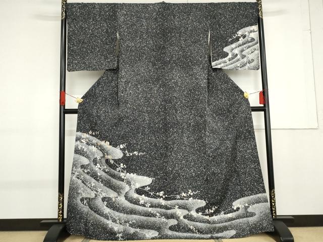 平和屋着物●訪問着　駒刺繍　枝花文　たたき染め　黒地　金彩　正絹　逸品　AABF9048cs