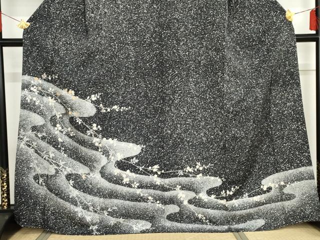 平和屋着物●訪問着　駒刺繍　枝花文　たたき染め　黒地　金彩　正絹　逸品　AABF9048cs