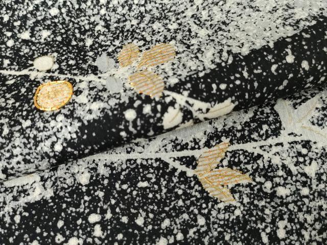 平和屋着物●訪問着　駒刺繍　枝花文　たたき染め　黒地　金彩　正絹　逸品　AABF9048cs