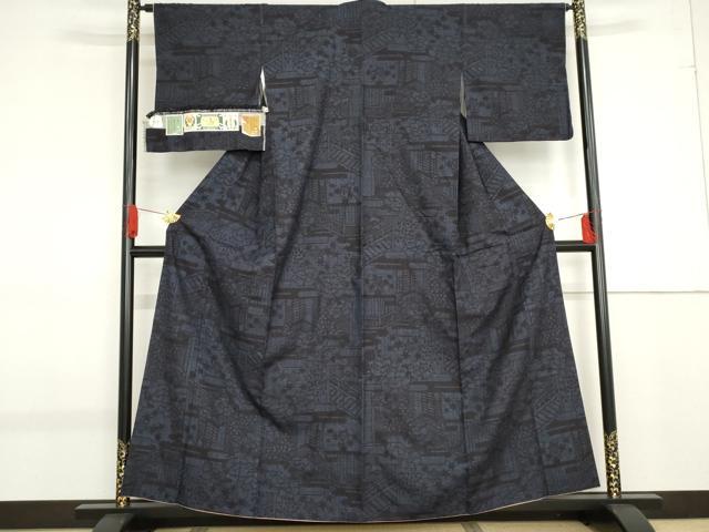 平和屋着物●本場結城紬　重要無形文化財　100亀甲　風景草花文　証紙付き　正絹　逸品　AABF9050cs