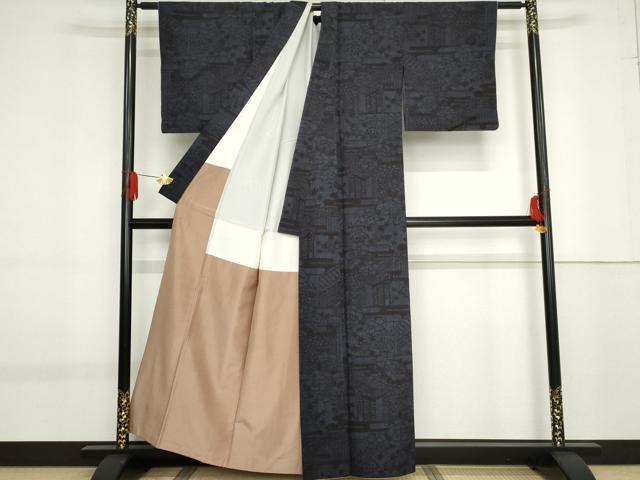 平和屋着物●本場結城紬　重要無形文化財　100亀甲　風景草花文　証紙付き　正絹　逸品　AABF9050cs