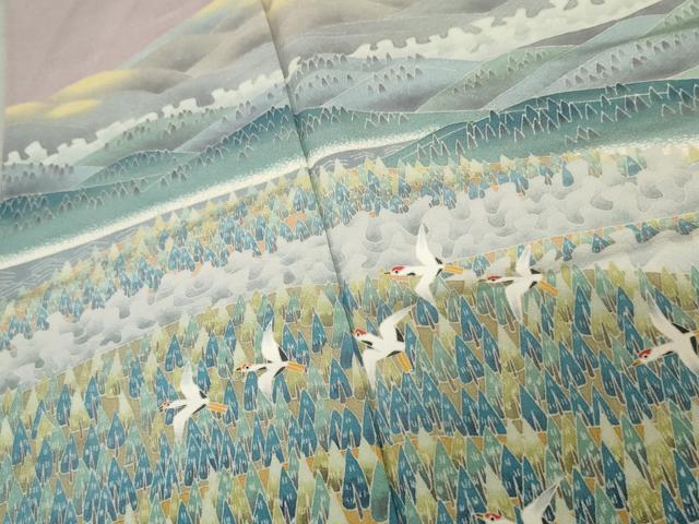 平和屋着物●本加賀友禅作家　百貫華峰　色留袖　飛鶴遠山風景樹林文　高島屋扱い　正絹　逸品　AABF9059cs