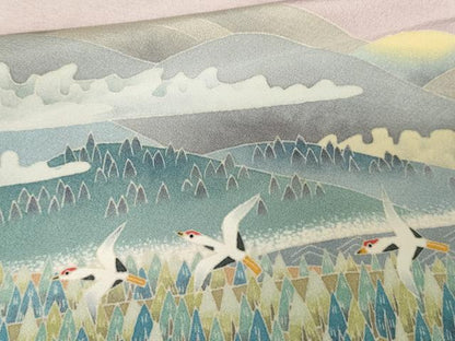 平和屋着物●本加賀友禅作家　百貫華峰　色留袖　飛鶴遠山風景樹林文　高島屋扱い　正絹　逸品　AABF9059cs