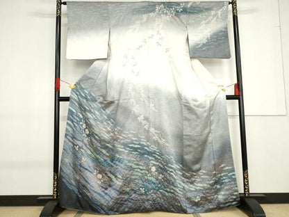 平和屋着物●訪問着　辻が花　絞り　暈し染め　金彩　銀通し地　正絹　逸品　AABF9068cs