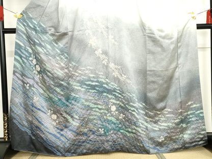 平和屋着物●訪問着　辻が花　絞り　暈し染め　金彩　銀通し地　正絹　逸品　AABF9068cs