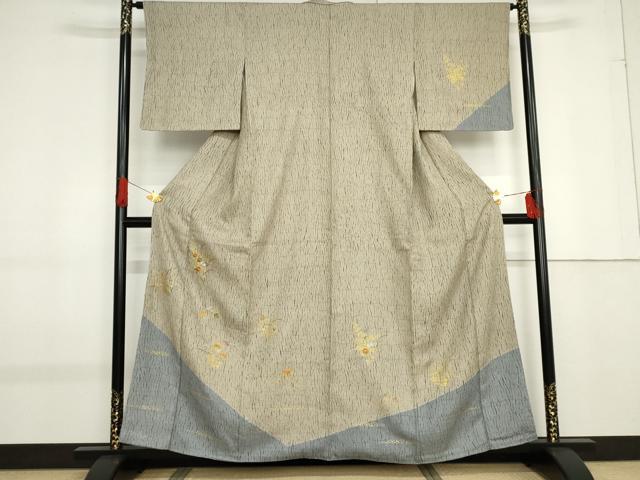 平和屋着物●訪問着　刺繍　杢目絞り　草花文　金糸　金彩　正絹　逸品　AABF9069cs