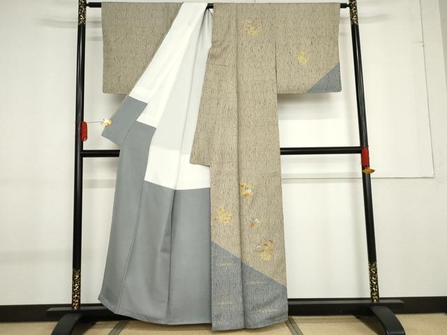平和屋着物●訪問着　刺繍　杢目絞り　草花文　金糸　金彩　正絹　逸品　AABF9069cs
