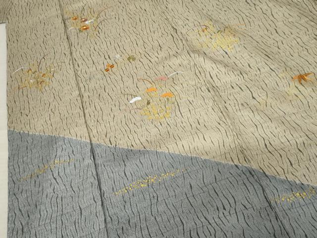 平和屋着物●訪問着　刺繍　杢目絞り　草花文　金糸　金彩　正絹　逸品　AABF9069cs