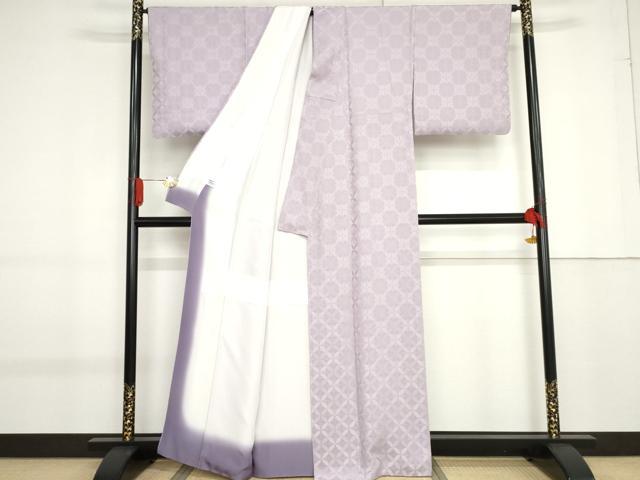 平和屋着物●上質な色無地　七宝地紋　藤色　銀糸　正絹　逸品　AABF9070cs
