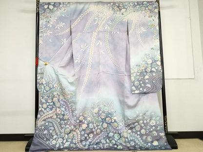 平和屋着物●伝統工芸士　伯河貞夫　振袖　辻が花　絞り　暈し染め　銀通し地　ロング丈　正絹　逸品　AABF9071cs
