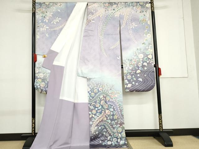 平和屋着物●伝統工芸士　伯河貞夫　振袖　辻が花　絞り　暈し染め　銀通し地　ロング丈　正絹　逸品　AABF9071cs