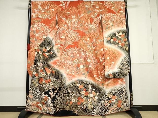 平和屋着物●十日町老舗ブランド　吉澤友禅　吾妻徳穂　振袖　駒刺繍　枝花文　暈し染め　金彩　正絹　逸品　AABF9073cs