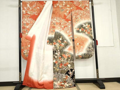 平和屋着物●十日町老舗ブランド　吉澤友禅　吾妻徳穂　振袖　駒刺繍　枝花文　暈し染め　金彩　正絹　逸品　AABF9073cs