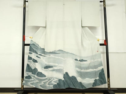 平和屋着物●豪華色留袖　手描き　一乃和作　立波風景文　正絹　逸品　AABF9076cs