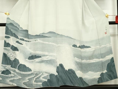 平和屋着物●豪華色留袖　手描き　一乃和作　立波風景文　正絹　逸品　AABF9076cs