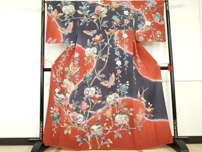 平和屋着物●訪問着　紅型　花鳥舞蝶文　暈し染め　正絹　逸品　AABF9096cs