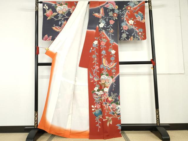 平和屋着物●訪問着　紅型　花鳥舞蝶文　暈し染め　正絹　逸品　AABF9096cs