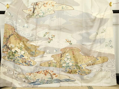 平和屋着物●訪問着 駒刺繍 流水草花文 金彩 正絹 逸品 AABF9097cs