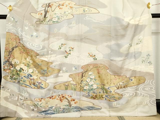 平和屋着物●訪問着 駒刺繍 流水草花文 金彩 正絹 逸品 AABF9097cs