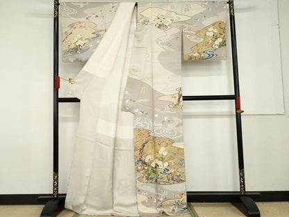平和屋着物●訪問着 駒刺繍 流水草花文 金彩 正絹 逸品 AABF9097cs