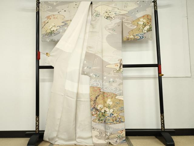 平和屋着物●訪問着 駒刺繍 流水草花文 金彩 正絹 逸品 AABF9097cs