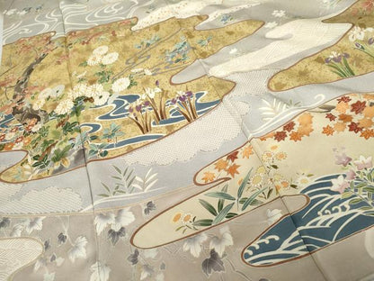 平和屋着物●訪問着 駒刺繍 流水草花文 金彩 正絹 逸品 AABF9097cs
