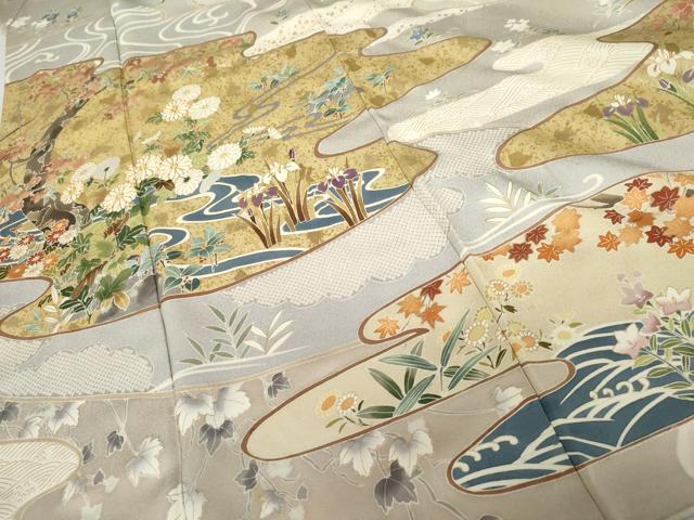 平和屋着物●訪問着 駒刺繍 流水草花文 金彩 正絹 逸品 AABF9097cs